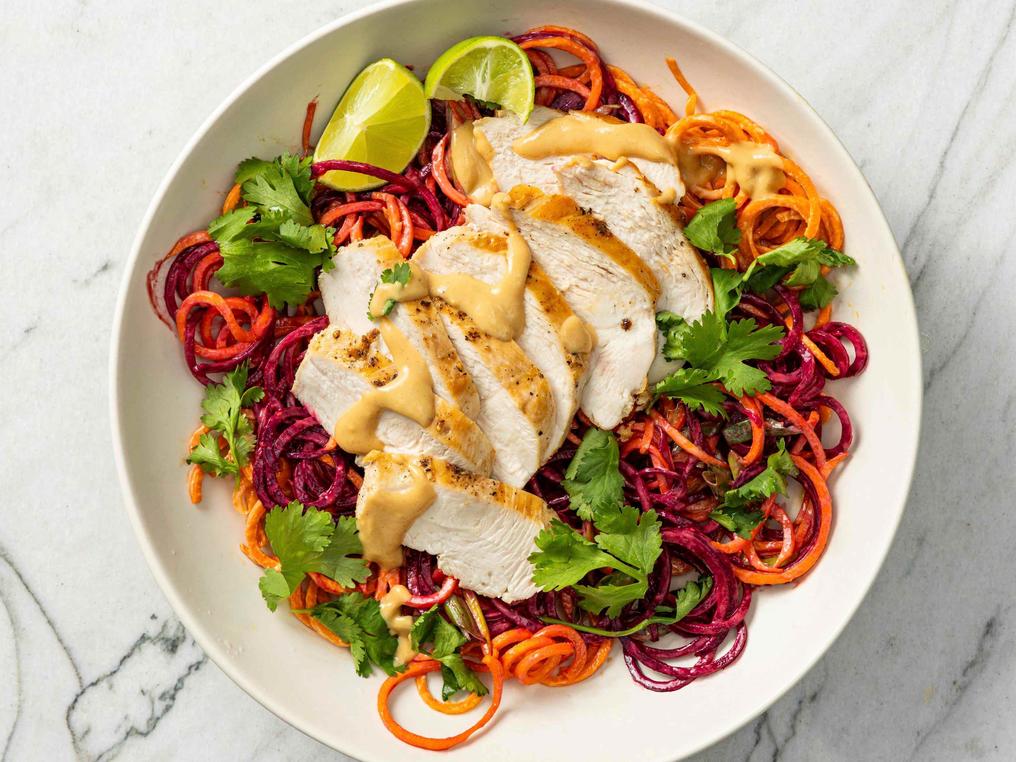 Beet and Carrot Noodle Salad with Chicken