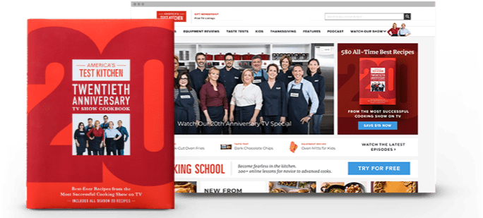 20th anniversary cookbook cover on top of the America's Test Kitchen homepage.
