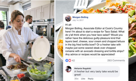 screenshot of Cook's Country editor Morgan Bolling posting to the Facebook group