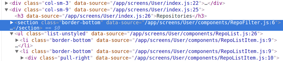 data-source attributes can be viewed in the elements inspector