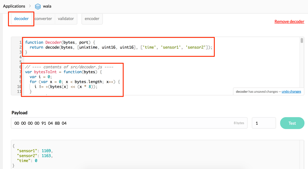 TTN console decoder example