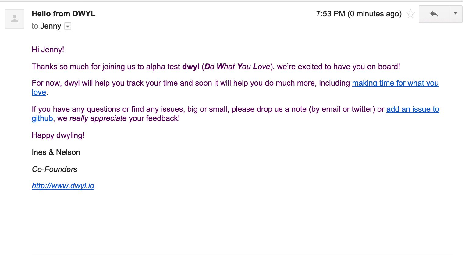 example dwyl welcome email