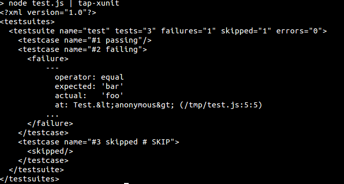 console window showing tap-xunit example
