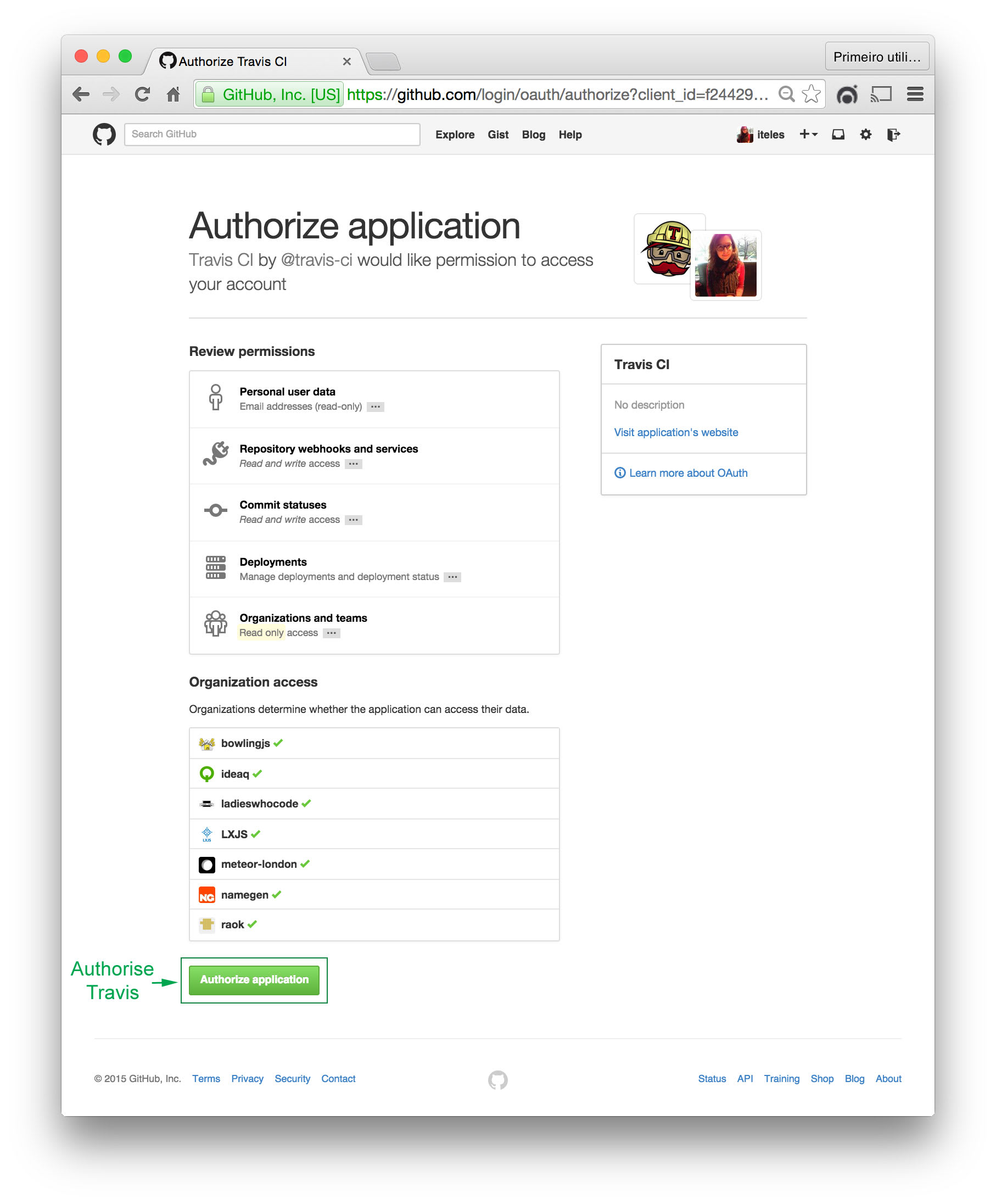 Authorize Travis at GitHub