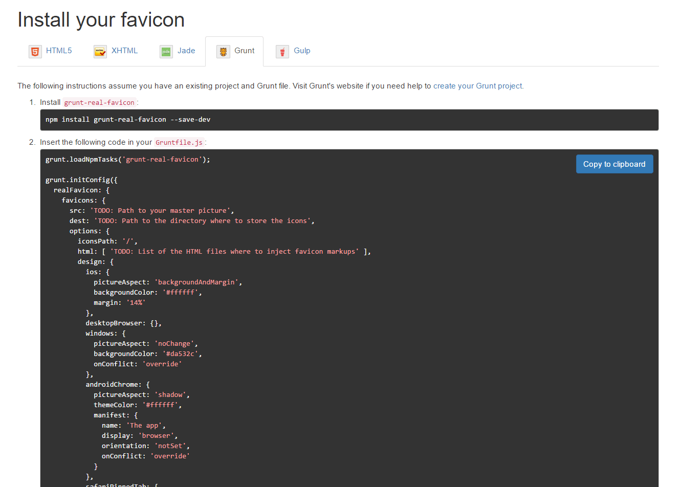 Result page, Grunt tab