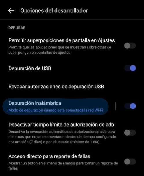 Habilitar Depuración Inalámbrica