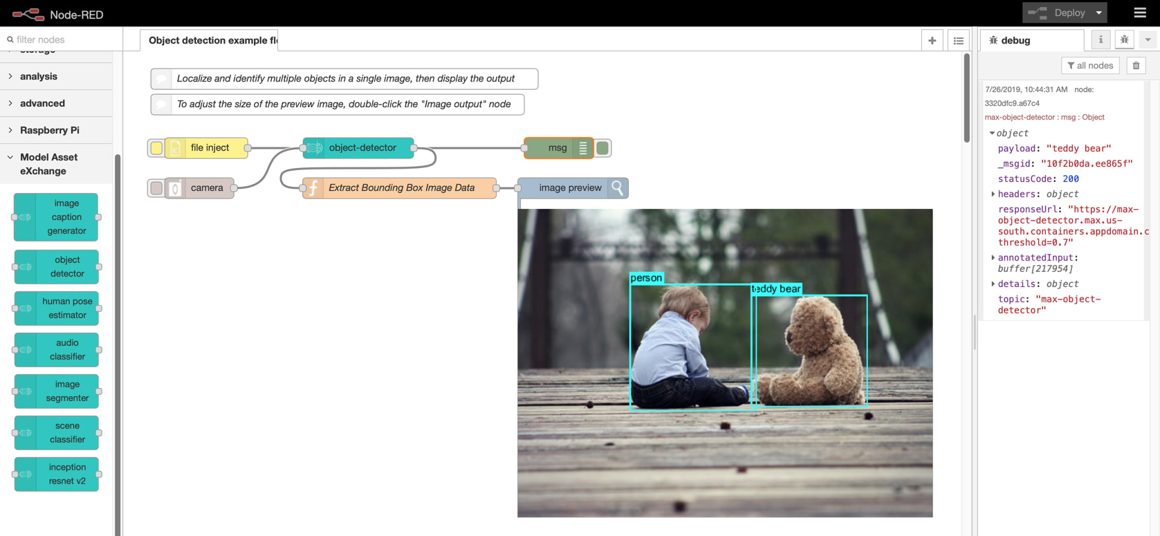 Sample Node-RED Flow for MAX Object Detector