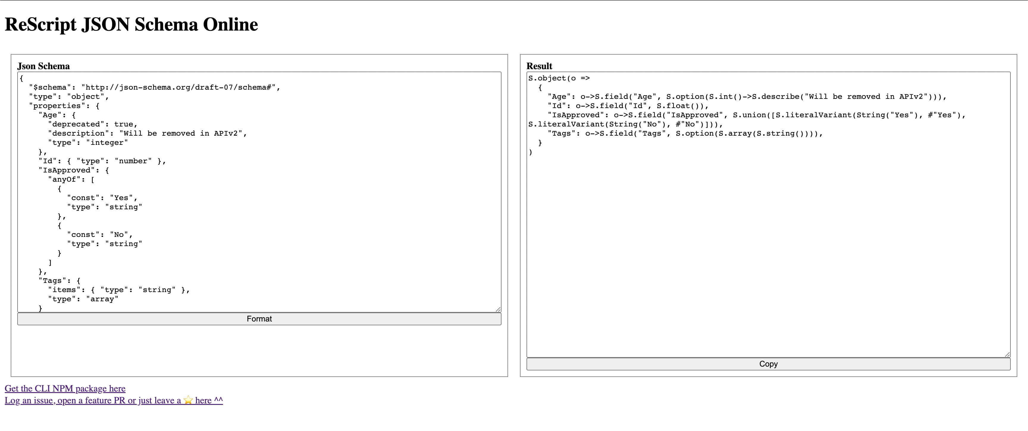 ReScript JSON Schema Online