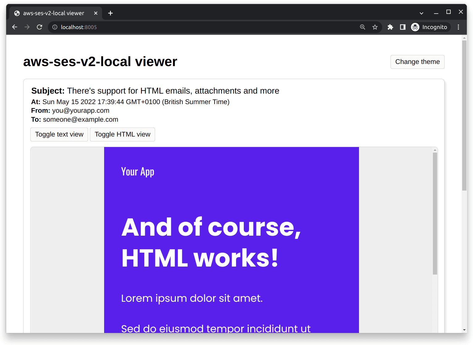 The viewer tool showing an HTML email