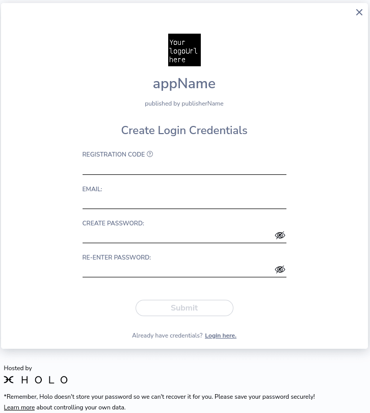 "Create Credentials" sign up form