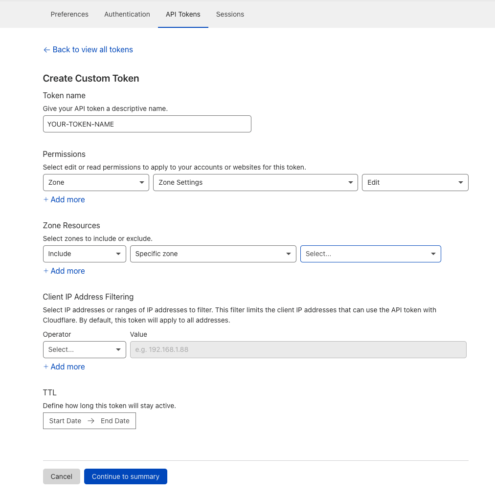 Cloudflare Dashboard API Token Creation