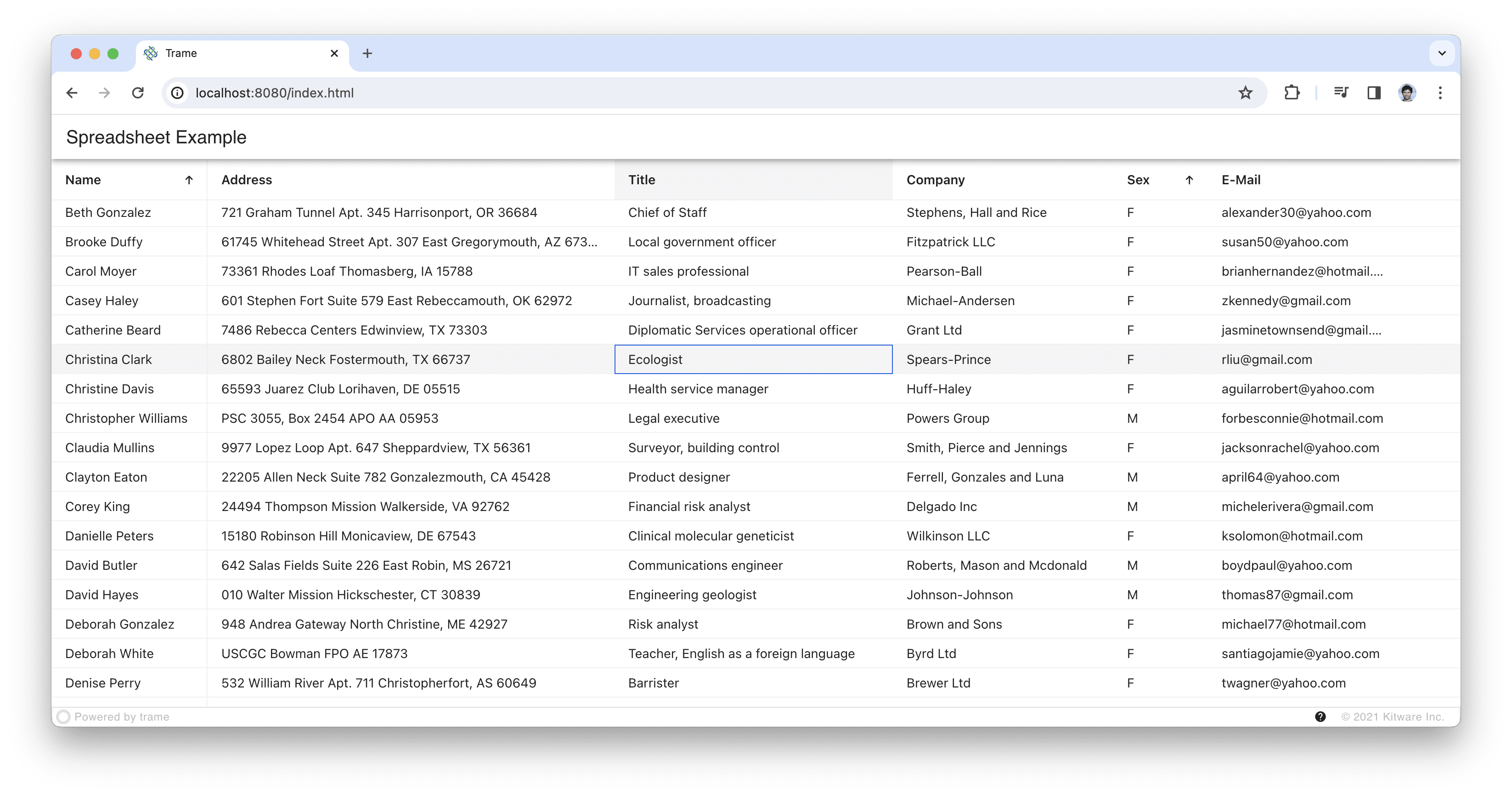 Example with fake data of what it looks like