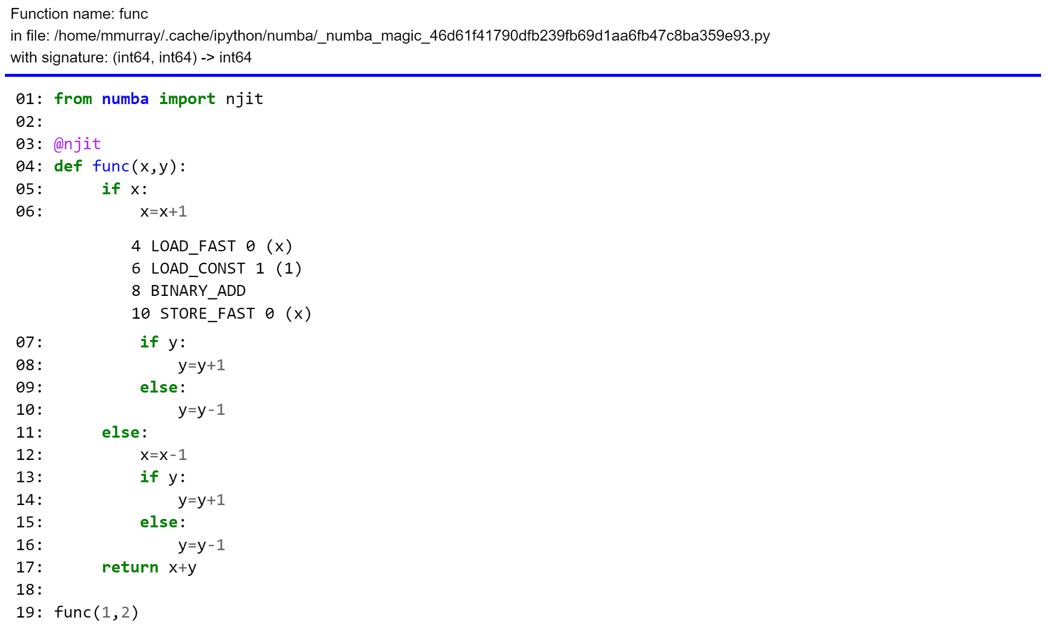 View the bytecode of a jitted function (CPUDispatcher object)