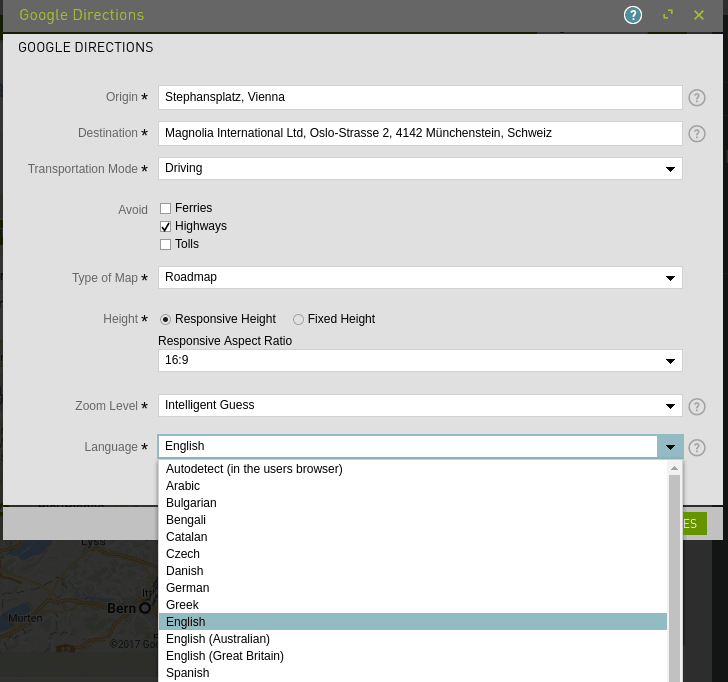 Example of directions component in edit dialog