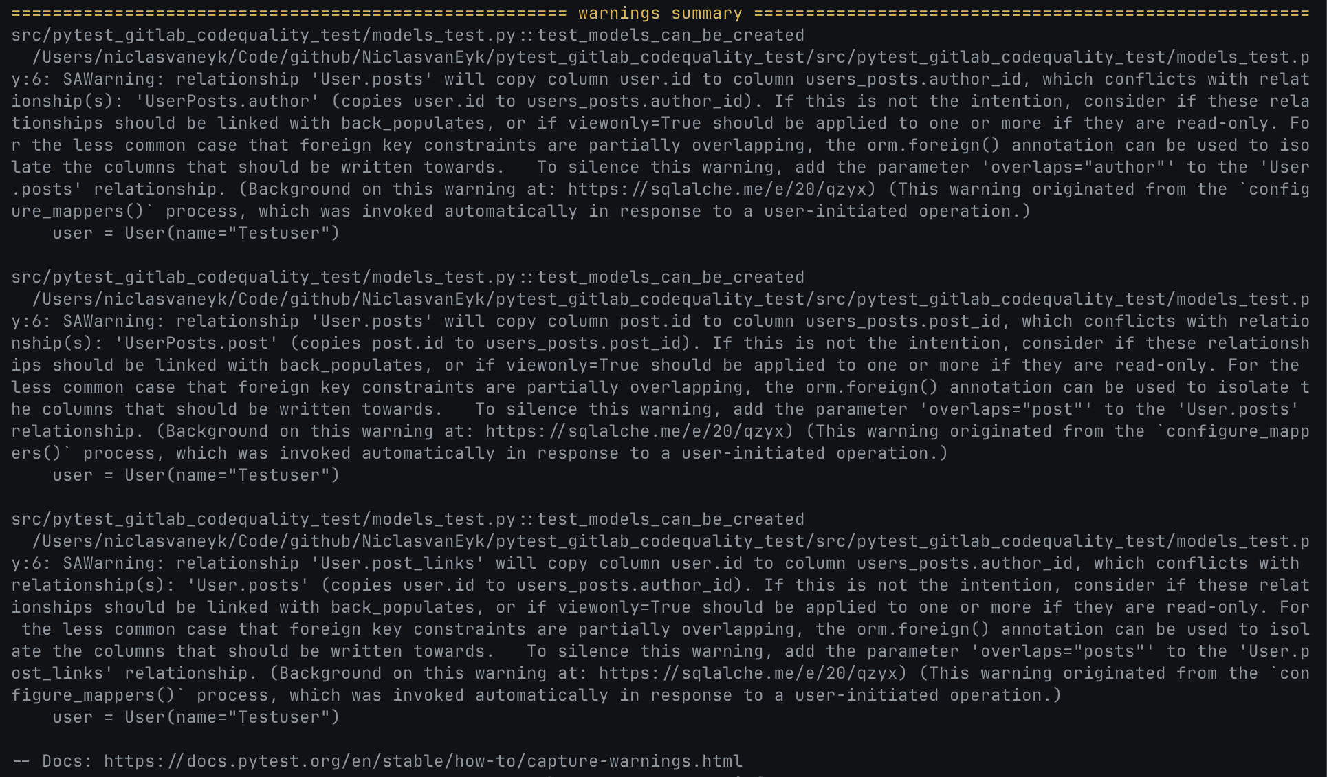 Pytest warnings in the terminal