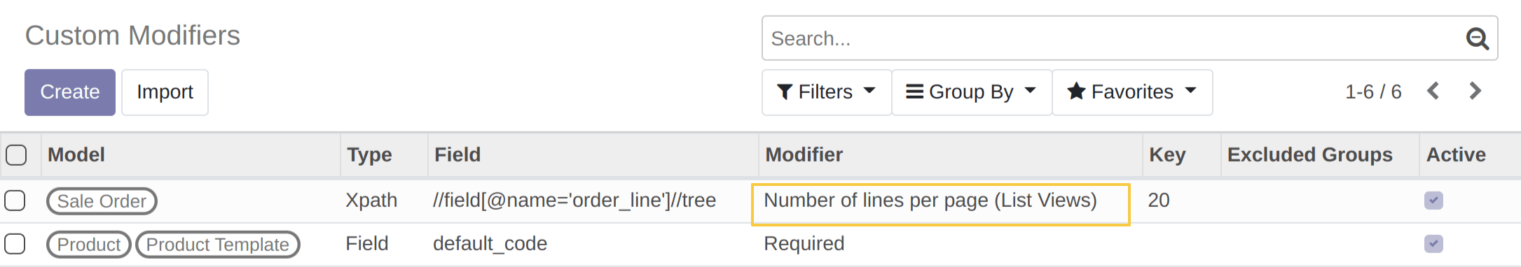 Number of lines per Page
Modifier