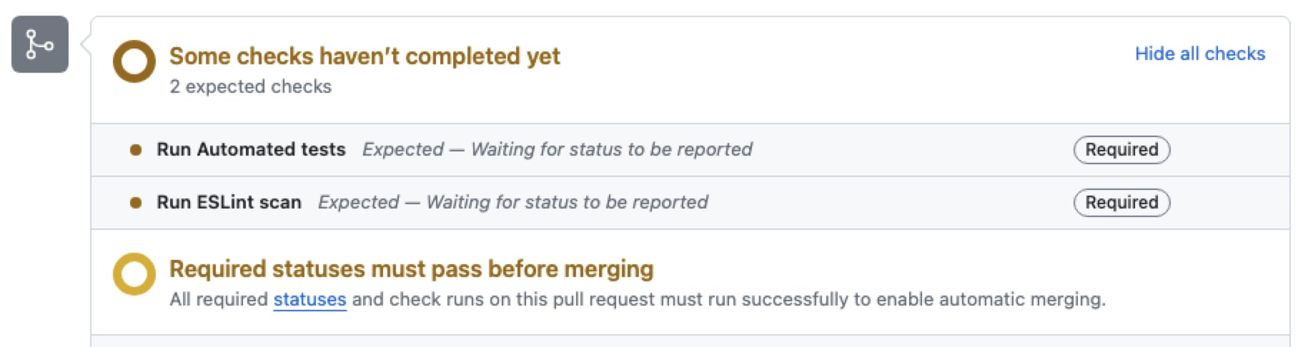 View of a GitHub PR with the "Some checks haven't completed yet" message