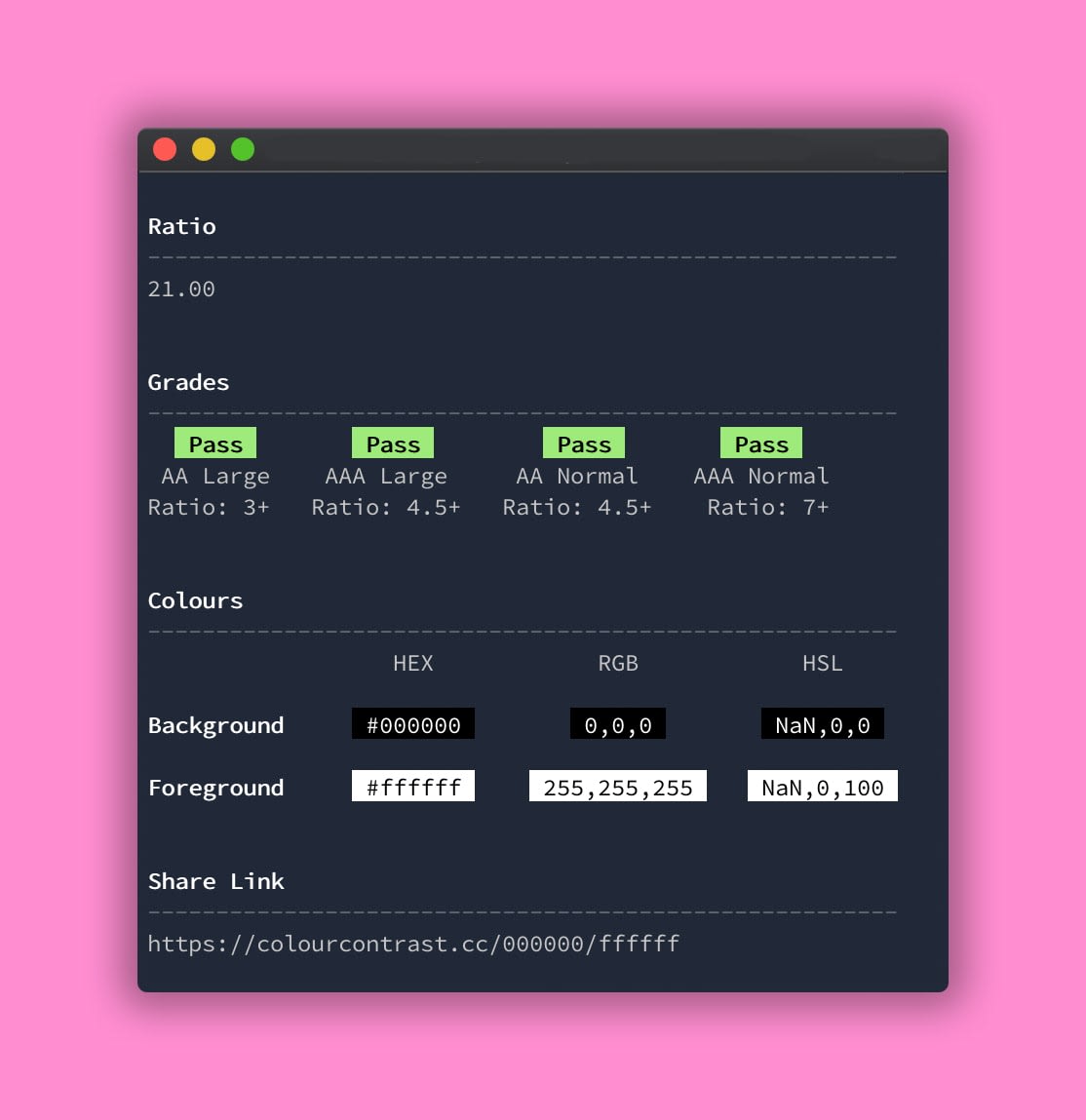 Example output of Colour Contrast Checker CLI