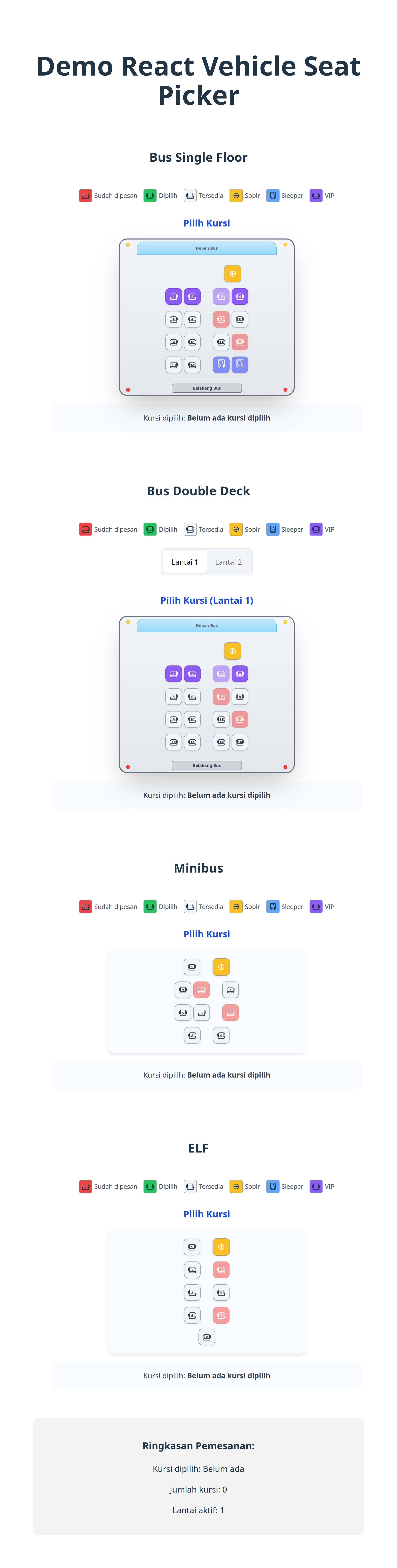 React Vehicle Seat Picker - Bus Single Floor