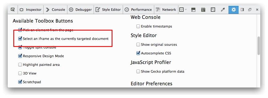 Check "Select an iframe as the currently targeted document" checkbox Check "Select an iframe as the currently targeted document" checkbox