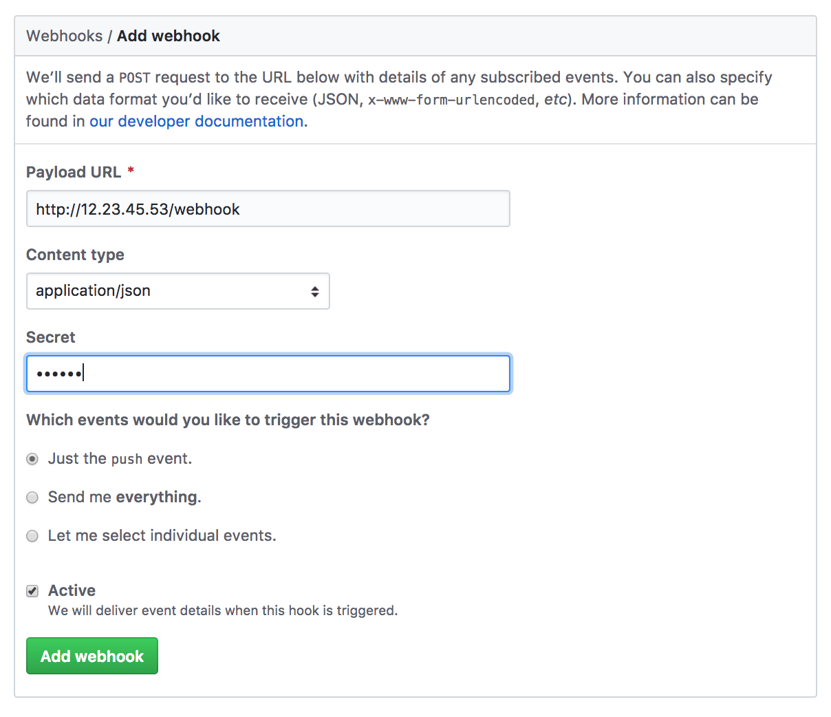 webhook Webhook form filled Screen