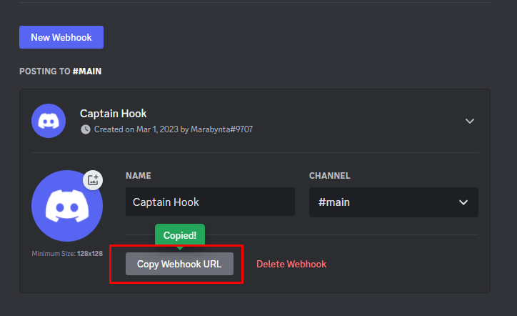 Webhook URL is copied