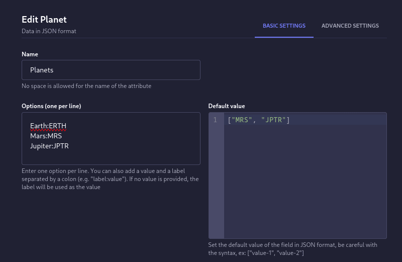 multi-select screenshot default value JSON
