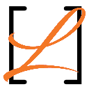 Literary logo with an orange cursive uppercase L inside black square brackets