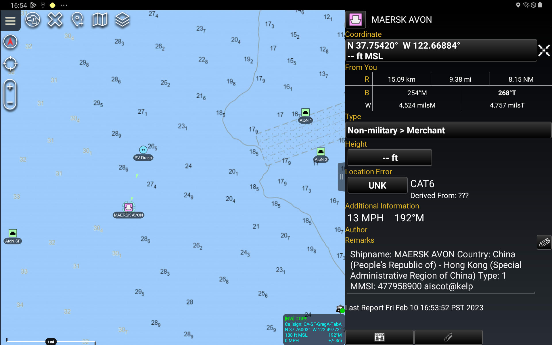 Screenshot of AIS as COT PLI in ATAK.