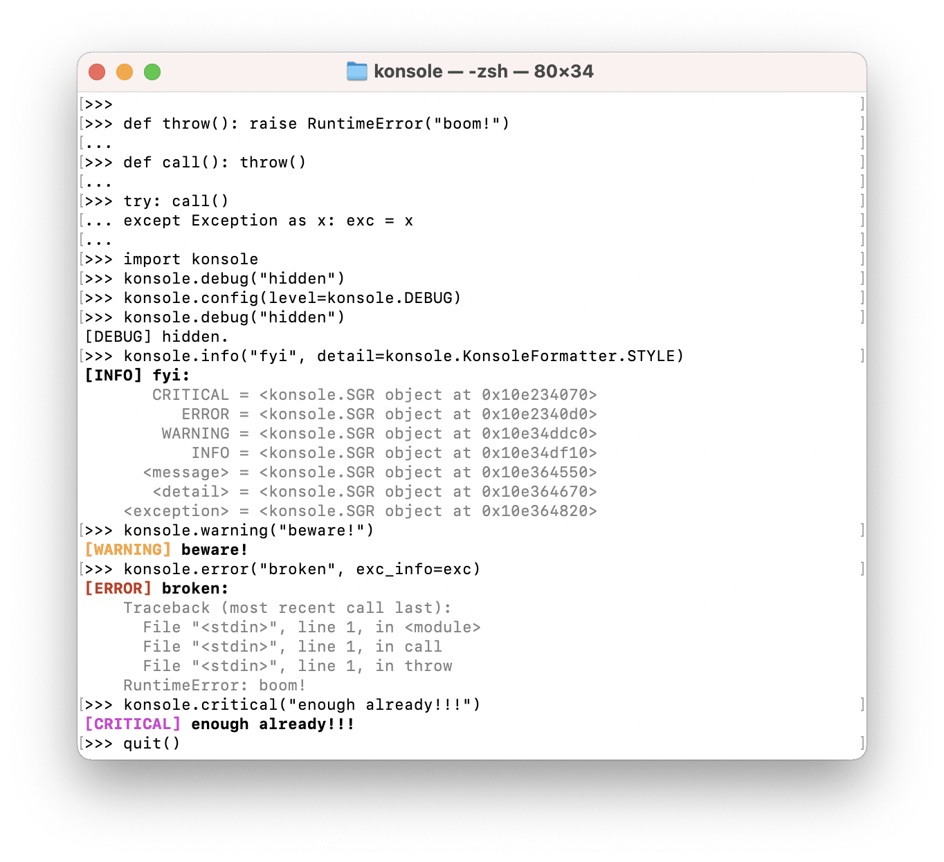 An interactive Python session using
konsole