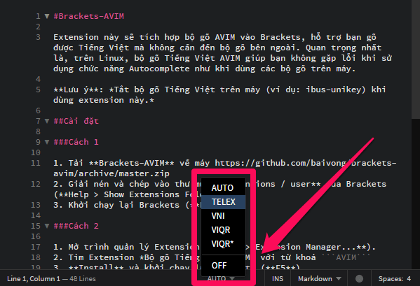 Chọn kiểu gõ Tiếng Việt trong Brackets