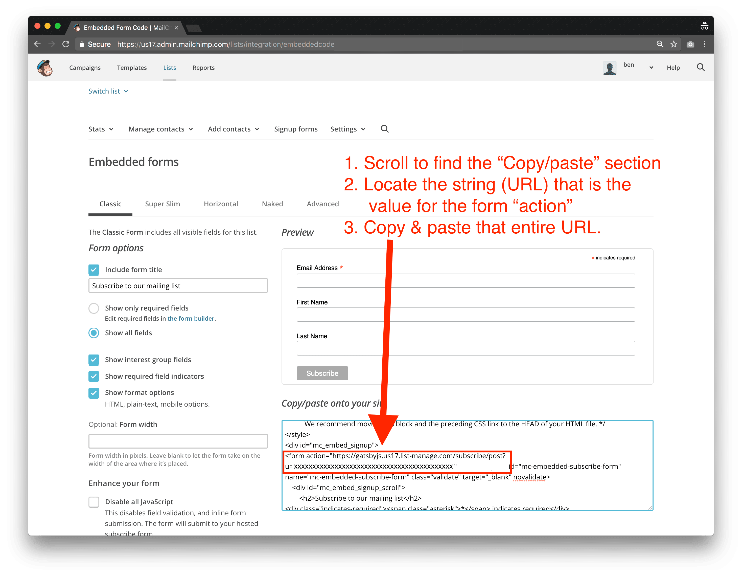 screenshot of how to copy/paste your list settings URL