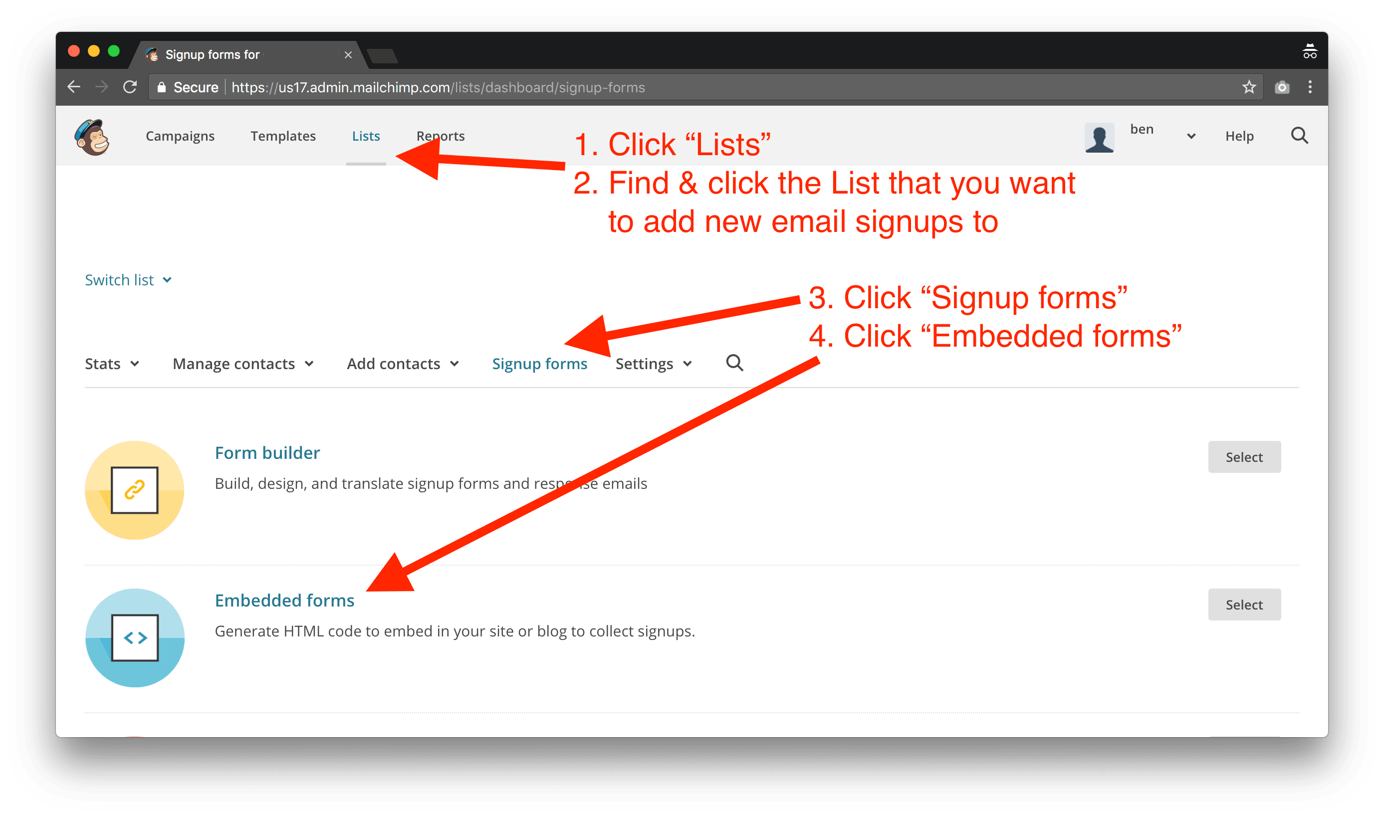 screenshot of how to locate your Mailchimp  settings