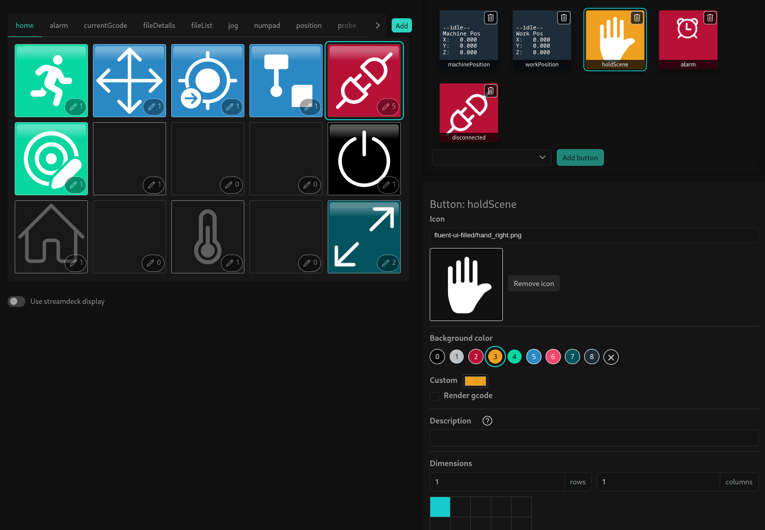 Editor interface showing a "page" of buttons with a sidebar containing button configuration options