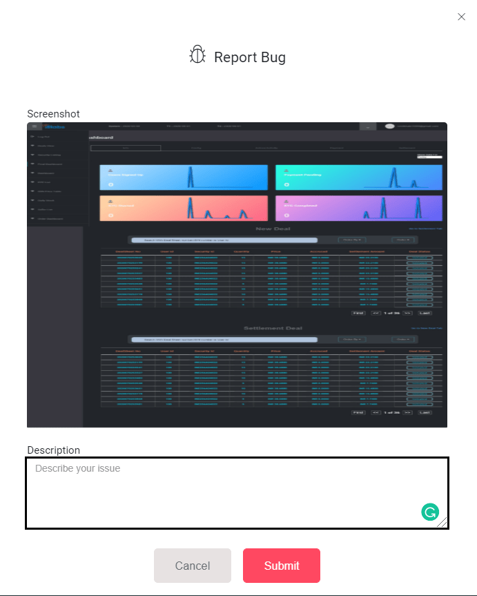 Demo of Report Bug interface.