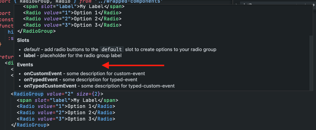 events section of autocomplete popup from vs code