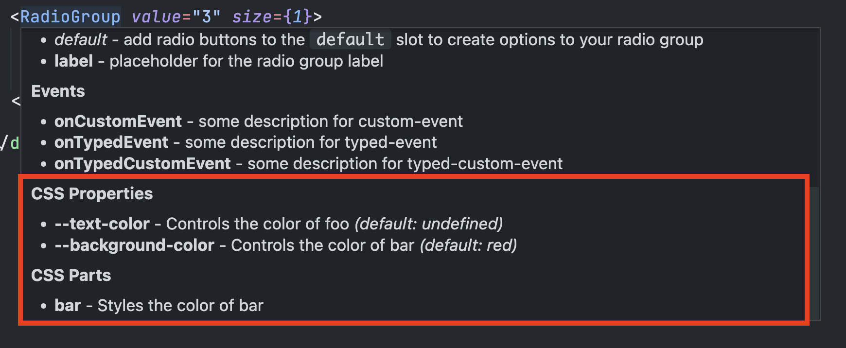 css properties and css parts sections of autocomplete popup from vs code