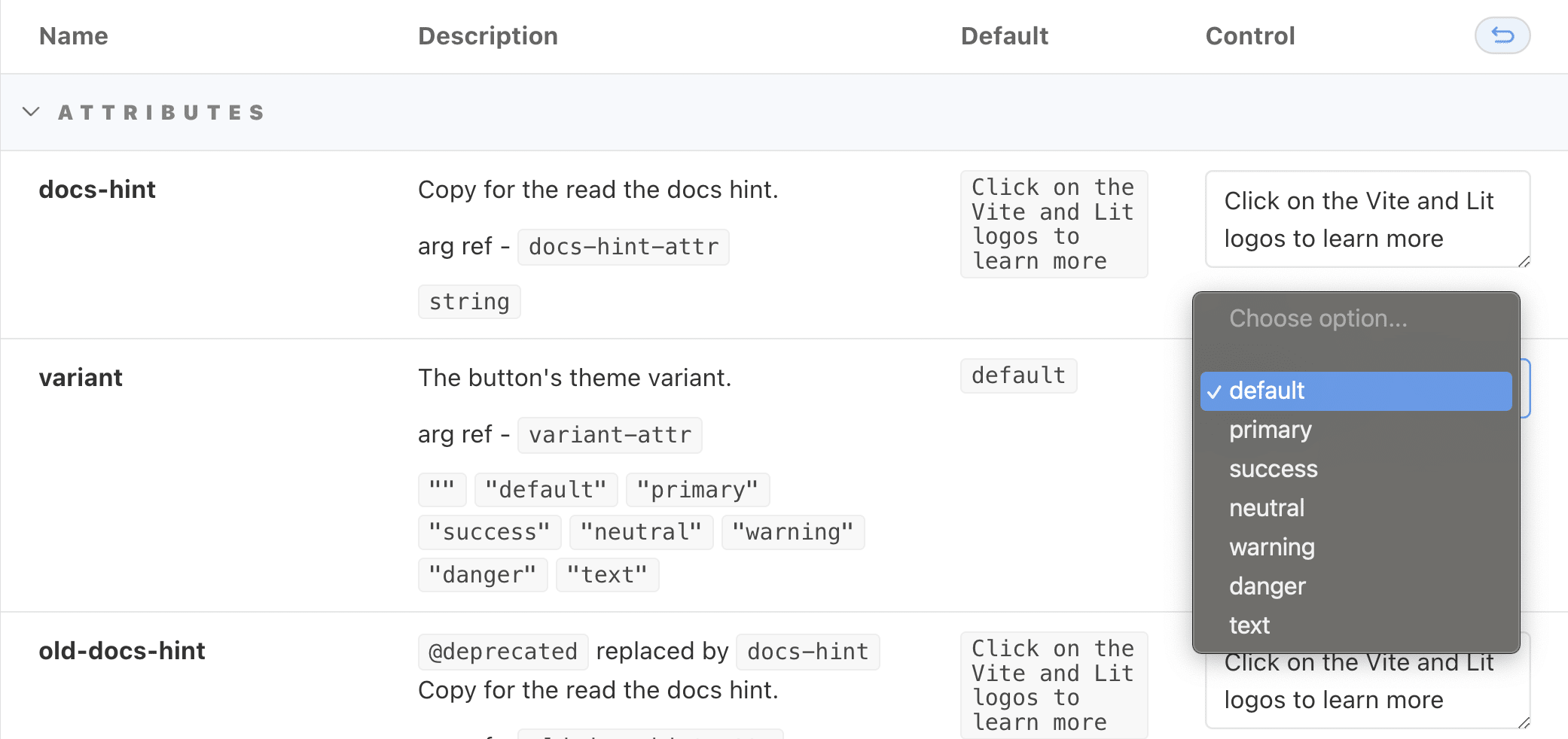 screenshot of storybook control panel with a select input expanded displaying options