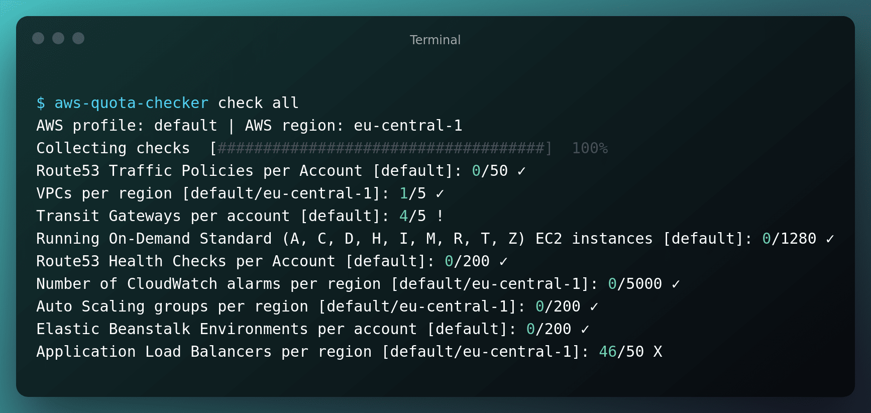 Example output of aws-quota-checker