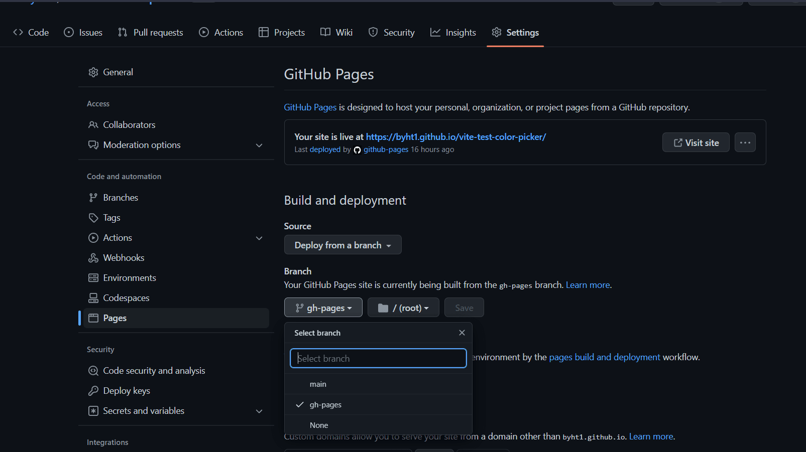 GitHub Pages settings