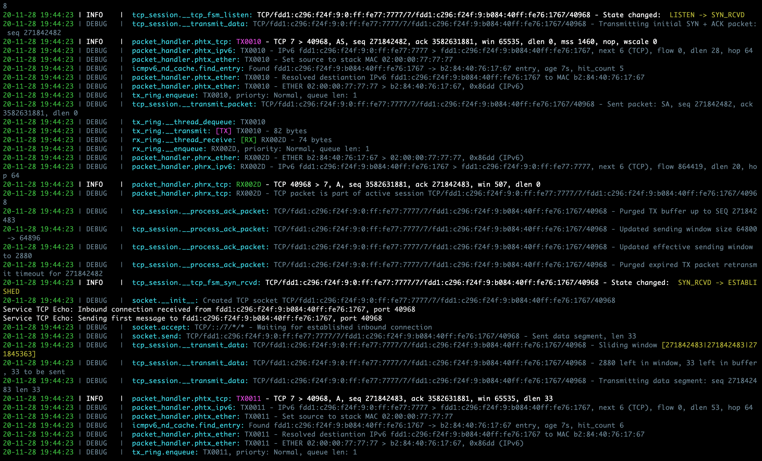 Sample PyTCP log output