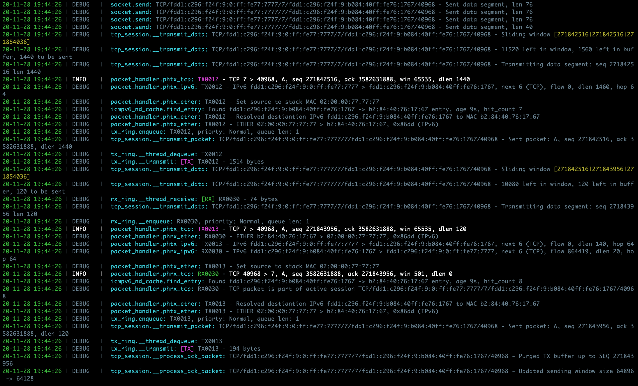 Sample PyTCP log output