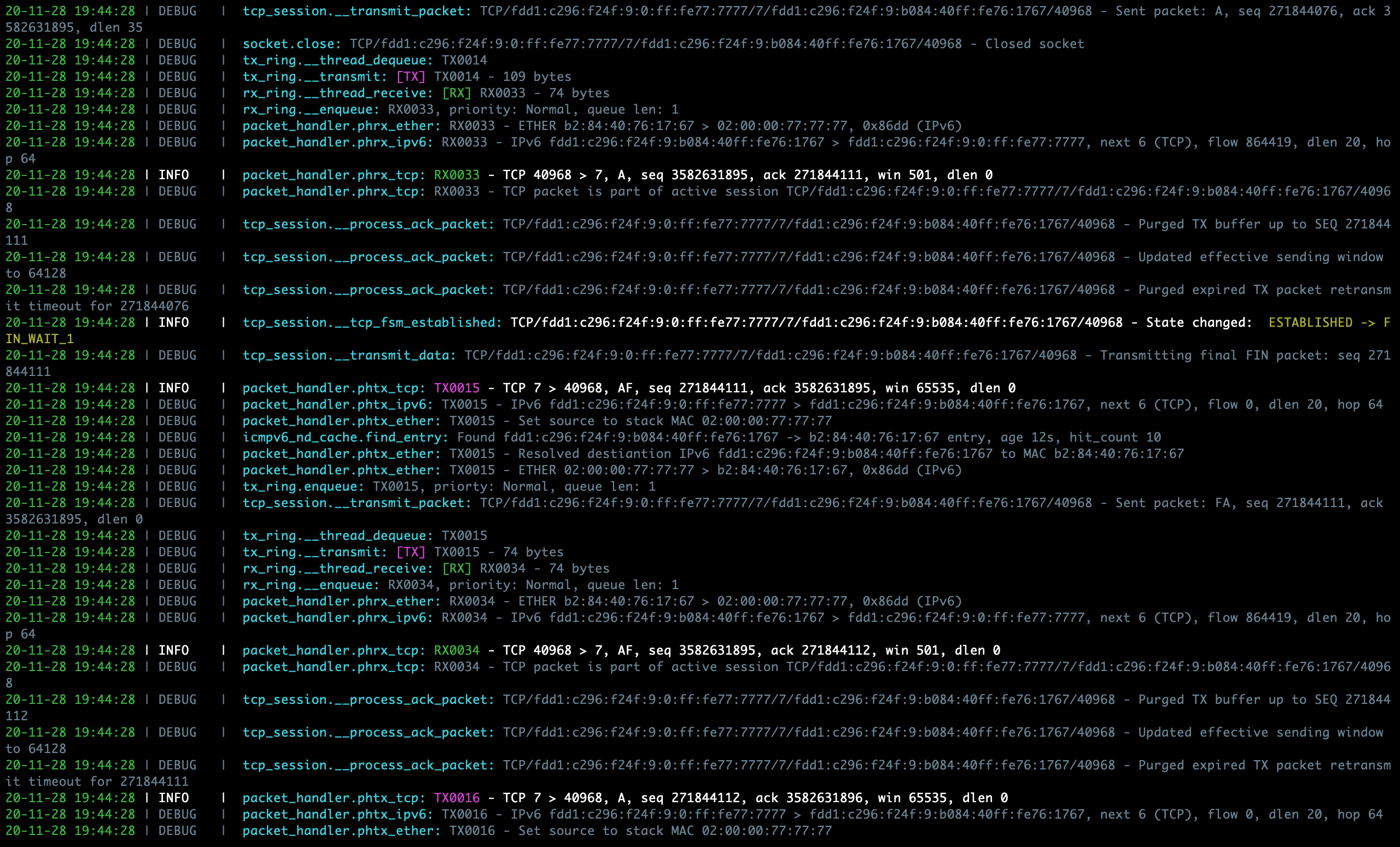 Sample PyTCP log output