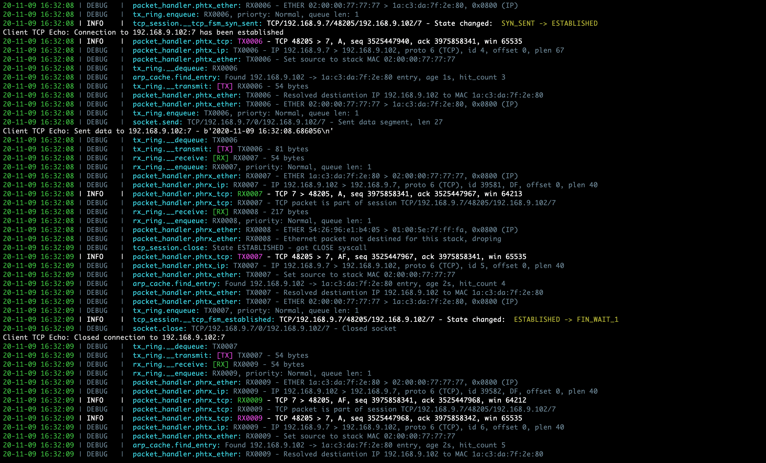 Sample PyTCP log output