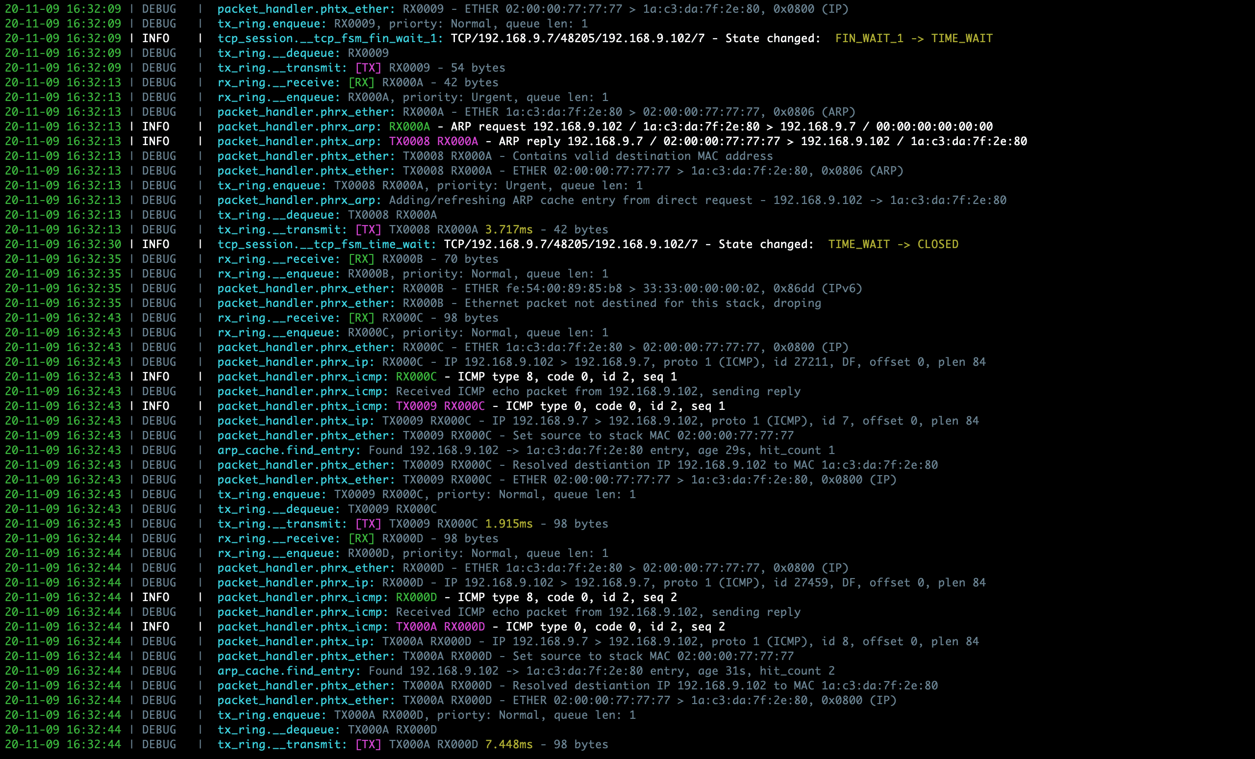Sample PyTCP log output
