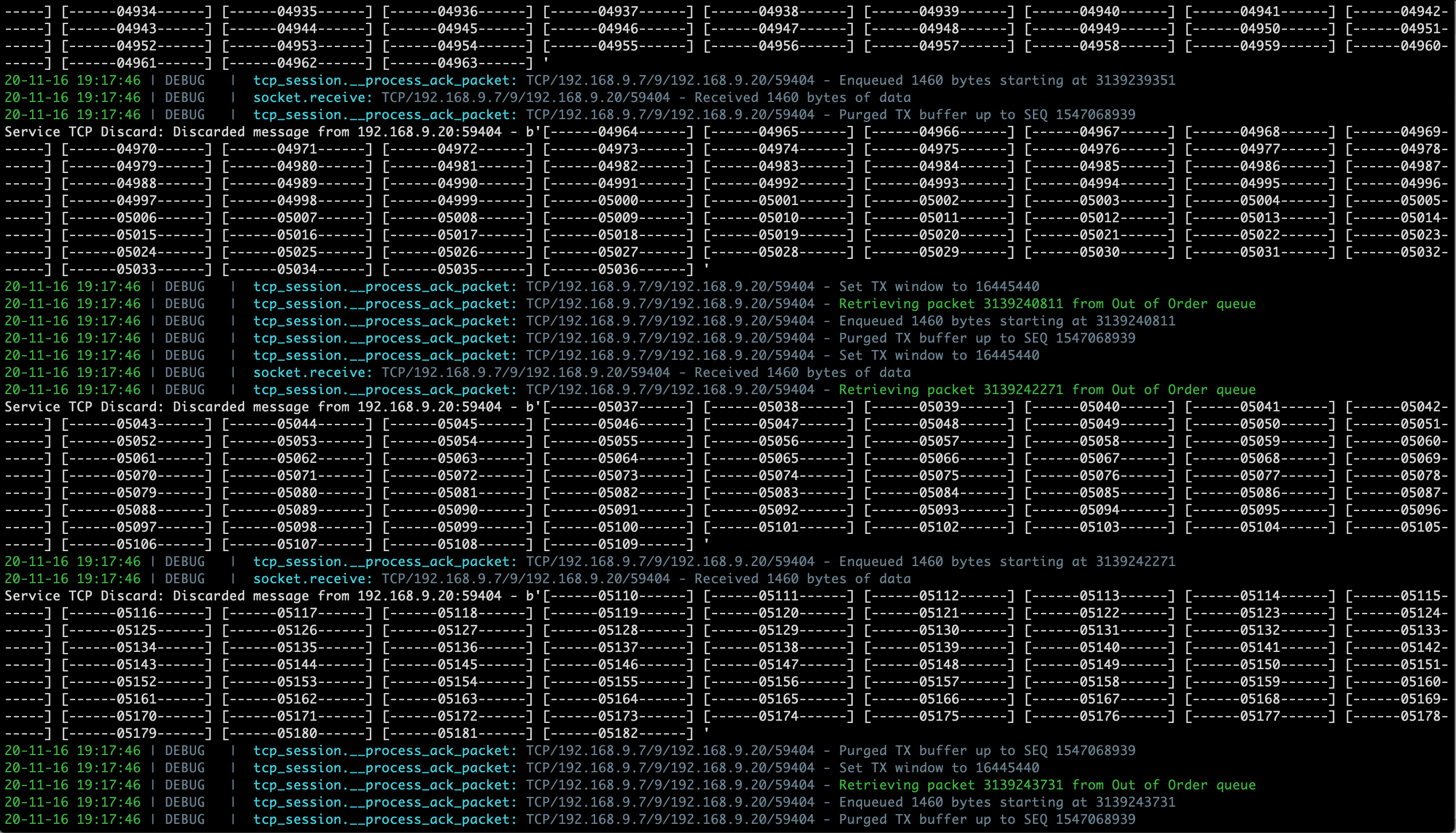 Sample PyTCP log output