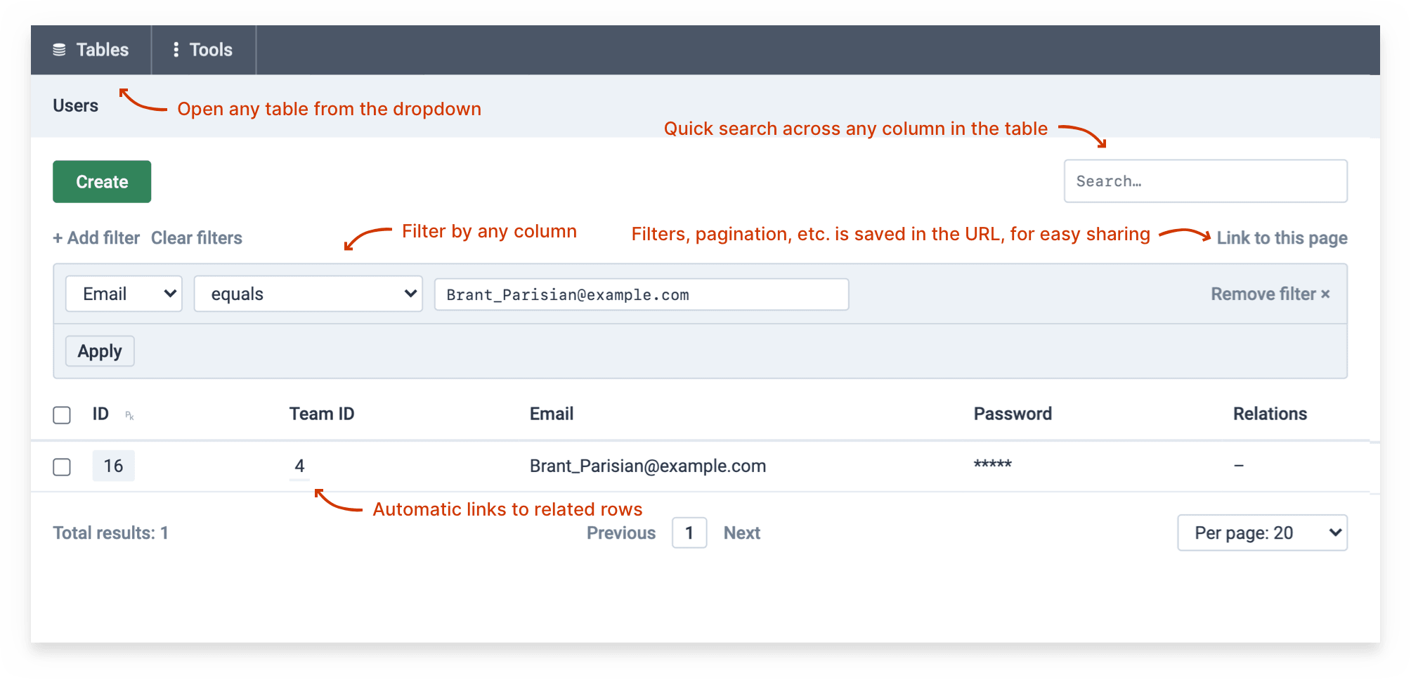 Browse database tables