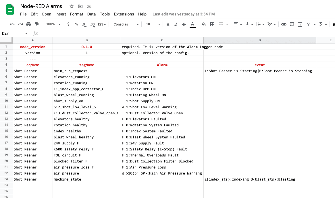 CSV alarm config example