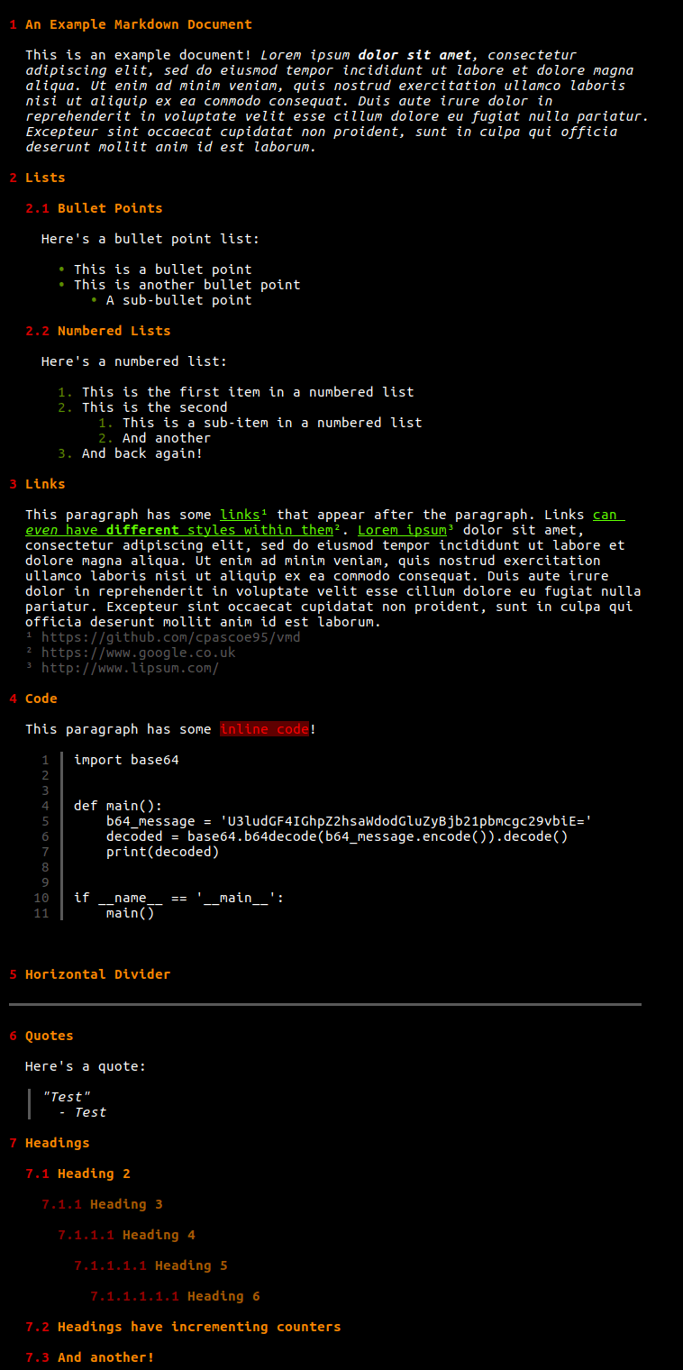 A screenshot displaying an example Markdown document, rendered using vmd