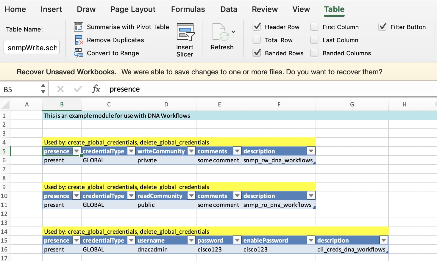 Example schema data